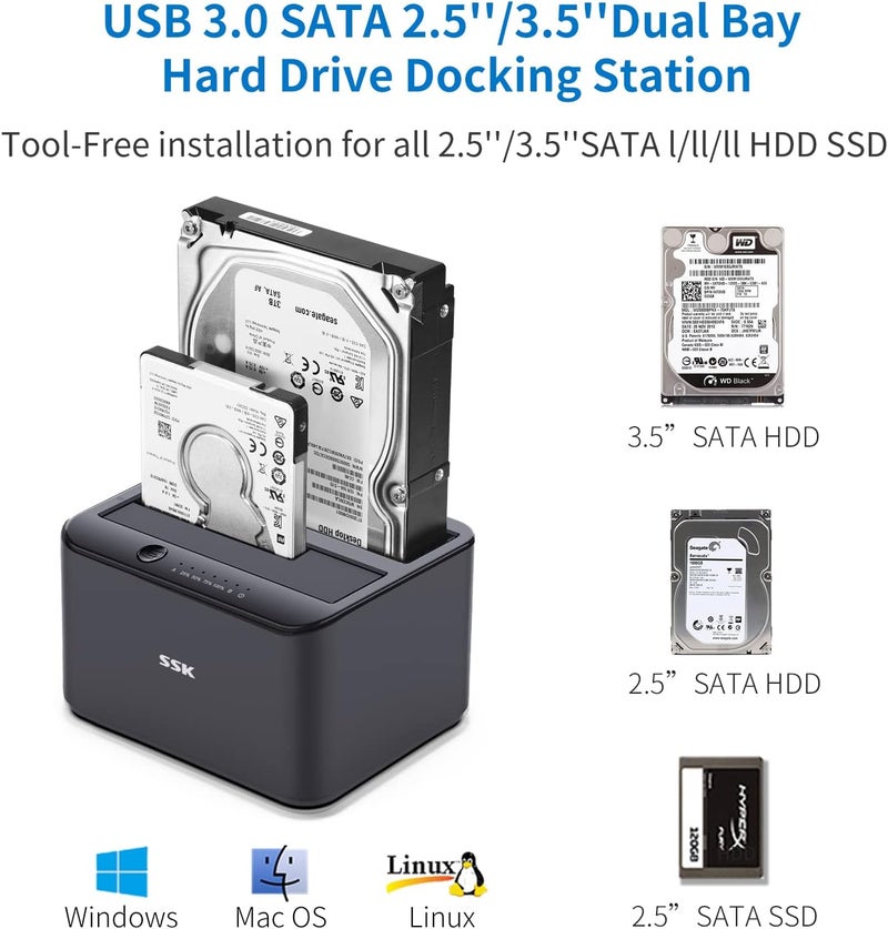 SSK Aluminum Hard Drive Docking Station, USB 3.0 to SATA Dual Bay External HDD Dock Caddy Reader for 2.5 & 3.5 inch SATA HDD SSD, with UASP Offline Cloner/Duplicator Function (2x20TB Supports) Black - Image 2